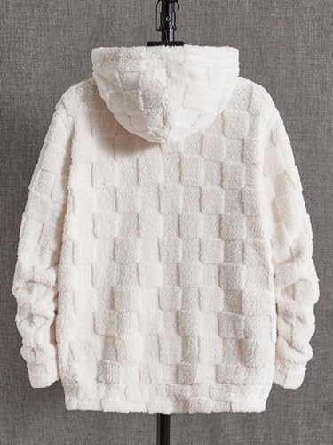 Verdusa Men's Fuzzy Pullover Hoodie Long Sleeve Letter Embroidery Hooded Sweatshirt Beige Medium