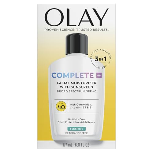 Olay Complete+ Face Moisturizer with Sunscreen SPF 40, For Sensitive Skin, Broad Spectrum Sun Protection, Fragrence-Free - No White Cast on All Tones, Nourishes Moisture Barrier - Ceramides, 6 Oz