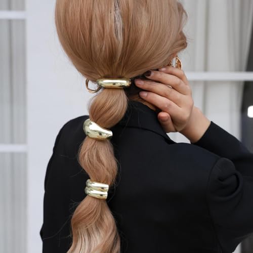 KuuGuu 6 PCS Metal Hair Ties Geometric Elastic Hair Ties Fashion Anti-Slip Glossy Arch Ponytail Hair Band Elegant Hair Cuff Wrap Hair Ties for Thick Hair for Women Hair Accessories （Gold, Silver）