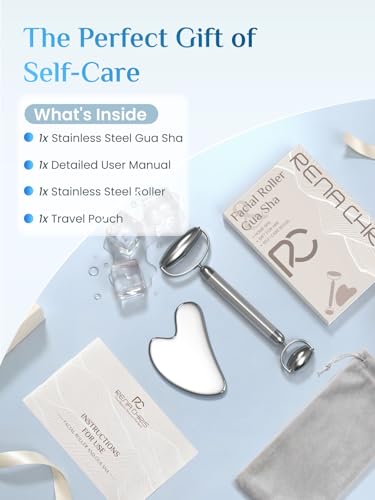 Rena Chris Gua Sha and Face Roller Set: Anti-Breakage Stainless Steel Roller for Long-Lasting Use, Jawline Sculpting and Puffiness Reducing, Gua Sha Facial Tools for Self Care Gift (Silver)