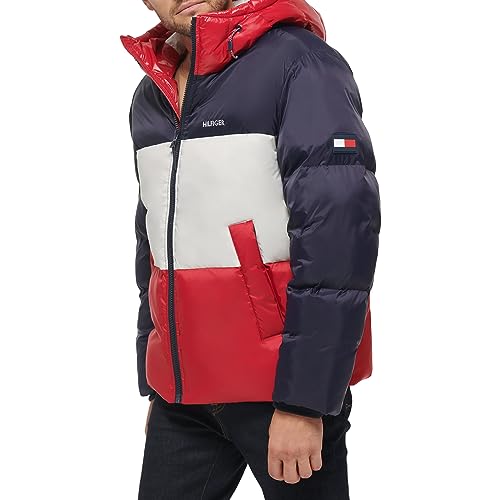 Tommy Hilfiger Men's Relaxed Quilted Puffer Jacket, Midnight/Ice/Red, X-Large