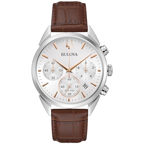 Bulova Men's Classic Sutton 6-Hand Chronograph High Performance Quartz Stainless Steel Case Watch with Brown Leather Strap, Silver-White Dial, 41.5mm Style:96B370