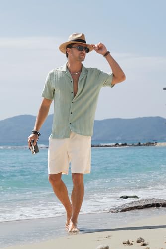 JEMLDL Men's Shorts Casual 7" Cotton Linen Button Elastic Waist Summer Beach Vacation Shorts with Multi-Pocket US 38 X-Large Beige