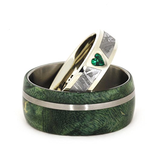 The Men's Jewelry Store (Unisex Jewelry) Created Emerald, Gibeon Meteorite 14k White Gold Ring and Green Box Elder Burl Wood Titanium Band, Couples Ring Set, M13.5-F8