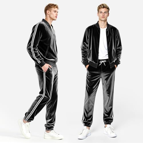 Heyfanee Mens Track Suits 2 Piece Set Velour Black Jogging Suits for Men Winter Slim Fit Sweatsuit L