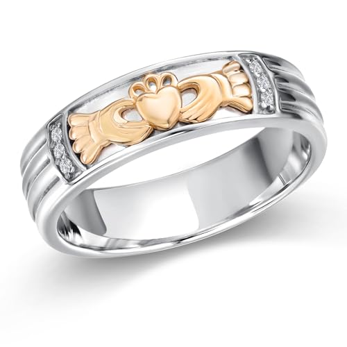 Gem Stone King White Lab Grown Diamond Irish Claddagh Ring | 925 Silver and 10K Yellow Gold | Friendship Love Marriage Celtic Lucky Jewelry Birthday Promise Ring | Size 10