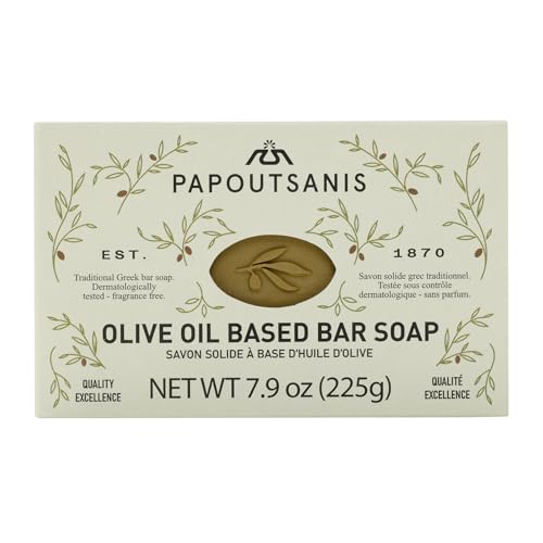 Papoutsanis Greek Olive Oil Based Soap Bar - Natural and Pure Plant-Based Castile Bar Soap - Unscented - Hypoallergenic - (New & Improved Formula infused with Coconut Oil) - 7.9oz Bars, Pack of 4