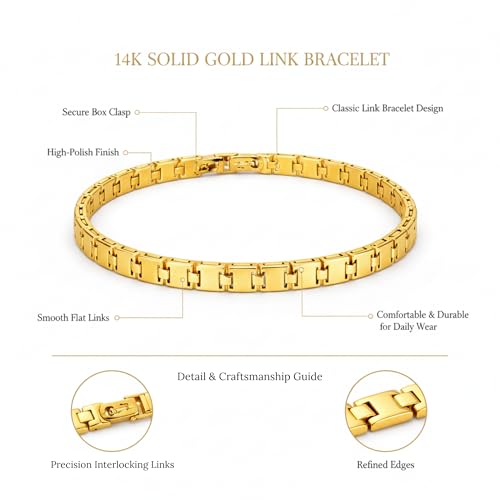 SHOP WGS 14K Solid Yellow Gold H-Link Bracelet for Women & Men 7.5"