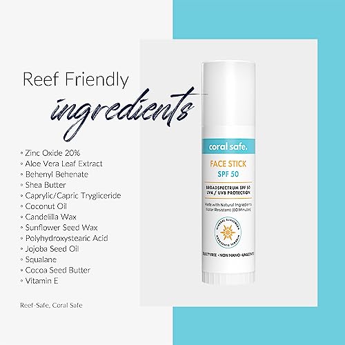Reef Safe Sunscreen SPF 50 Mineral Face Stick 2 Pack, Hawaii & Mexico Approved, Biodegradable, Zinc, Vitamin E, Oxybenzone & Octinoxate Free, Water Resistant, Made in USA by Coral Safe