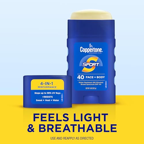 Coppertone Sport Sunscreen Stick SPF 40, Face and Body, Travel Size, 1.5 Oz