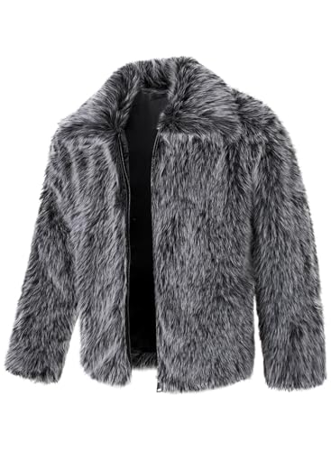 FANARCHER Men's Winter Faux Fur Coat Fluffy Jacket Turn Collar Luxury Overcoat Long Sleeve Parka Fleece Furry Outwear