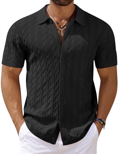 COOFANDY Mens Casual Waffle Knit Shirts Button Up Short Sleeve Shirts Beach Summer Wedding Dress Shirt Loose Fit Shirts Black