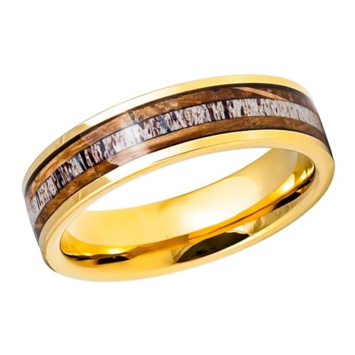 Tungsten 6mm Gold Wedding Band with Deer Antler Inlay – Polished Comfort Fit Ring for Men & Women, Durable Unique Design for Couples, Nature Lovers & Outdoor Enthusiasts- Custom Engraving. (9)
