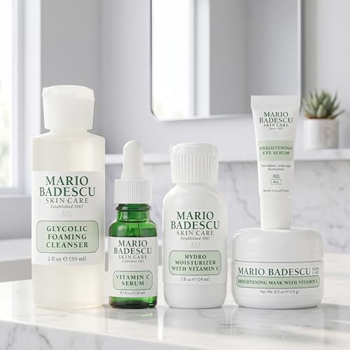 Mario Badescu Good Skin Is Forever & Bright 5-Piece Skincare Set – Glycolic Cleanser, Vitamin C Serum, Hydro Moisturizer, Brightening Mask & Eye Serum for Radiance