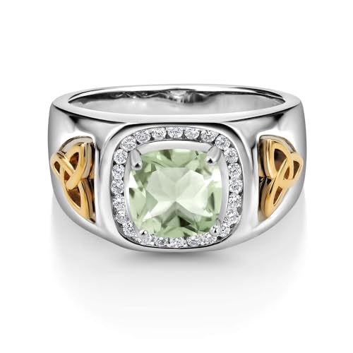Gem Stone King 2.31 Ct Green Prasiolite and Lab Grown Diamond Men's Ring | 925 Silver and 10K Yellow Gold | Cushion Cut 8MM | Gemstone Birthstone | Available in Size 7, 8, 9, 10, 11, 12, 13 | Size 7