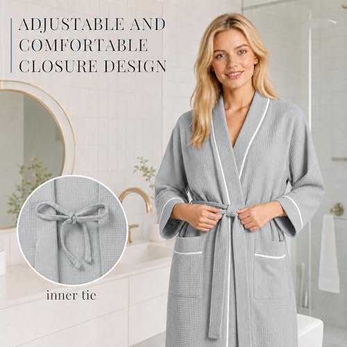 Inner Wish Women's Cotton Waffle Kimono Robe, Lightweight Quick Dry Spa Shower Robe with Pockets, GREY, M