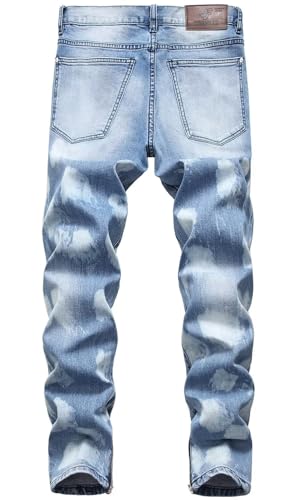 HENGAO Mens Ripped Skinny Slim Fit Stretch Jeans, Fashion Distressed Destroyed Comfort Straight Leg Denim Pants, 1161 Light Blue, 44