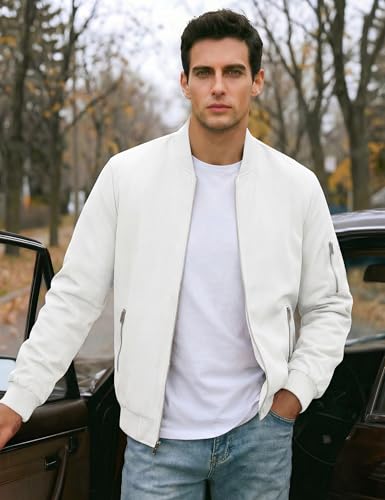 TACVASEN Bomber Jacket Men White Jacket Zip Up Jackets Fall Bomber Jackets Light Windbreaker Coats Casual Stylish Flight Coats with Inner Pockets