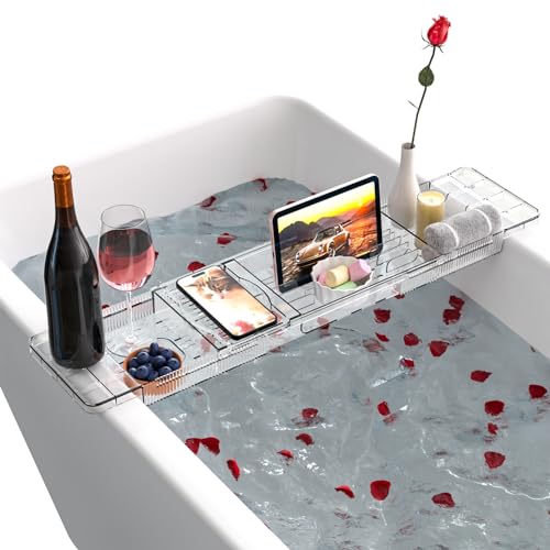 Clear Premium Bathtub Tray Caddy, Expandable Bath Tray for Tub,Bath Tub Tray Table for Bathtub,Fits Most Bath Tubs,Luxury Bathtub & Bathroom Accessories for New Home, Relaxing Spa for Women,1PCS