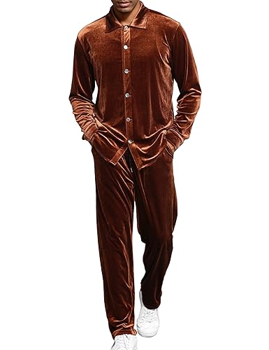 LecGee Mens Fashion Pants Set Velour Velvet Button Down Shirt Casual Fall 2 Piece Lounge 80s Outfit Tracksuit(Brown,XXL)