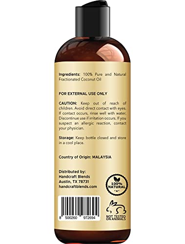Handcraft Blends Fractionated Coconut Oil - 8 Fl Oz - 100% Pure and Natural - Premium Grade Carrier Oil for Skin and Hair - Hair and Body - Massage