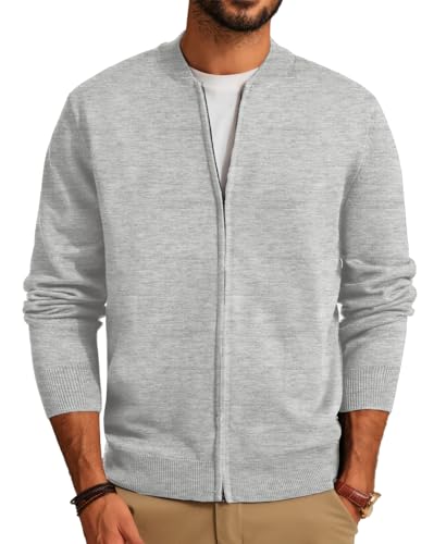 Mens Classic 2-Way Zip Cardingan Sweater Stand Collar Baseball Jacket Light Grey, M
