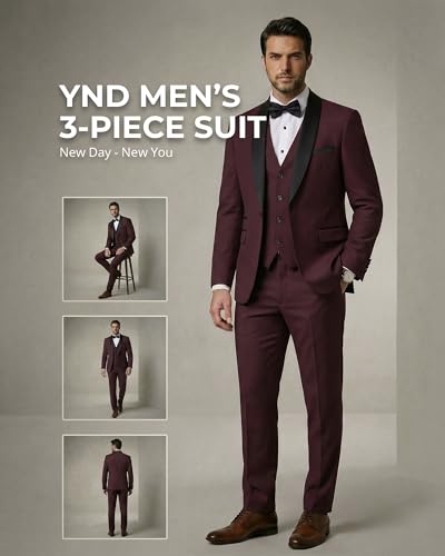 YND Men's 3 Piece Tuxedo Set with Bow Tie, Slim Fit One Button Shawl Lapel Suit Blazer Vest Pants, for Wedding Prom Dinners, Burgundy