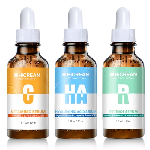 Hicream Face Serum Set - Vitamin C Serum, Hyaluronic Acid & Retinol with Hydrating, Brightening & Firming Skin, Anti-aging Skin Care Set for Women, Targets Fine Lines & Dark Spots, 1 Fl Oz (Pack of 3)