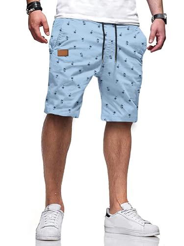 JMIERR Mens Casual Shorts - Fashion Cotton Drawstring Summer Beach Stretch Waist Twill Chino Golf Travel Essentials Cruise Shorts with Pockets for Men 8 Inch Inseam, L, Coconut Tree Printed Sky Blue
