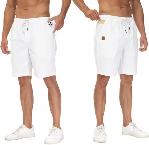 QPNGRP Men's Stretch Waist Casual White Shorts with 5 Pockets Include 1 Zipper Pocket 34