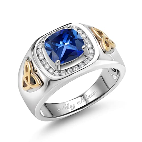 Gem Stone King Men's Customized and Personalized 8MM Cushion Cut Gemstone Birthstone and White Lab Grown Diamond Ring for Men | 925 Sterling Silver and 10K Yellow Gold | 2.76 Cttw | Size 7-13