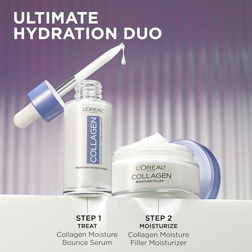 L'Oreal Paris Collagen Moisture Filler Moisture Bounce Face Serum, Glow Serum with Collagen, Glycerin, and Squalane for Bouncy, Radiant, Hydrated Skin, Includes Sample