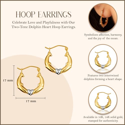 10K Two-Tone Gold Double Dolphin Heart Hoop Earrings
