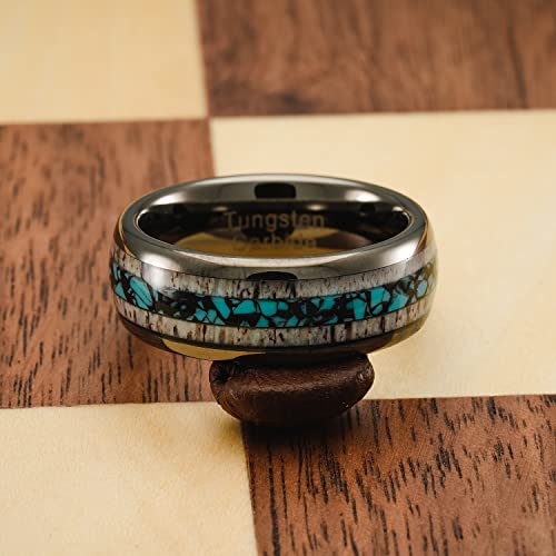 100S JEWELRY Gunmetal Gray Tungsten Rings For Men Turquoise & Elk Antler Inlay Wedding Promise Engagement Band Size 6-16 (Tungsten, 13)
