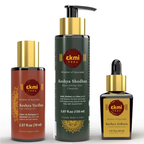 EKMIVEDA Hair Growth Set With Ayurvedic Herbs - Bhringraj, Castor, Amla, Rosemary for Hair Growth. Sulfate Free Hair Thickening Products, 3 Pcs - Oil, Shampoo & Redensyl Serum, 8.45 Fl Oz