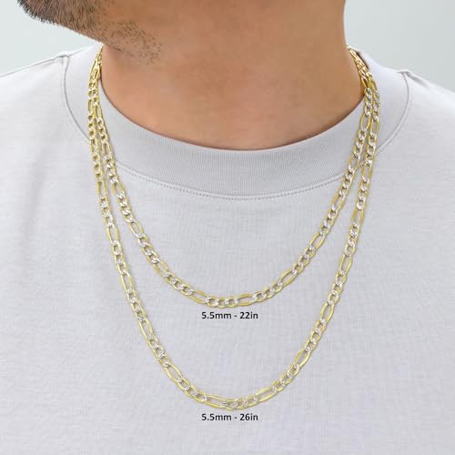 Nuragold 14k Real Yellow Gold Figaro Link Pave Diamond Cut Chain Necklace - 28",5.5mm