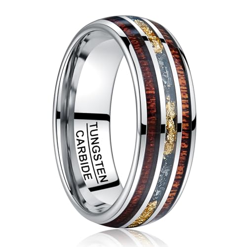 Vakki Tungsten Rings for Men Meteorite Gold Foil Inlay Koa Wood Wedding Band Polished Finish 8mm Promise Engagement Ring Comfort Fit Size 10