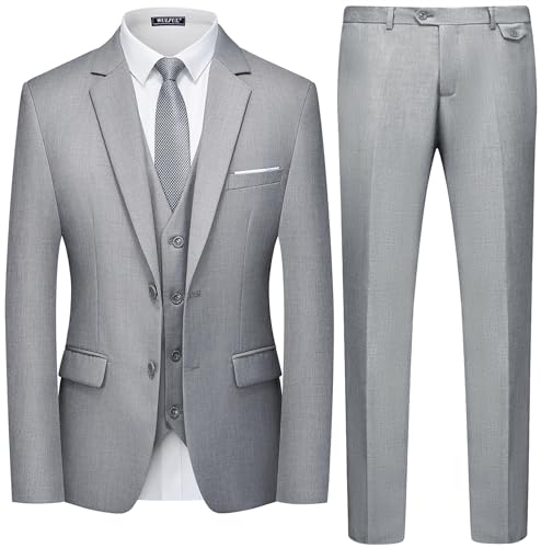 WULFUL Men's 3 Piece Slim Fit Suit Set Two Button Blazer Jacket Vest Pants Tuxedo Set for Party, Wedding and Business Light Gray