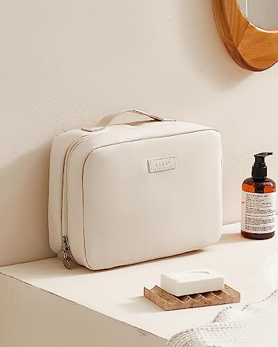 EACHY Toiletry Bag with Hanging Hook, Travel Makeup Bag PU Leather Cosmetic Bags for Women Make Up Organizer with 4 Compartments Waterproof Full-Size Portable Travel Essentials (Beige)