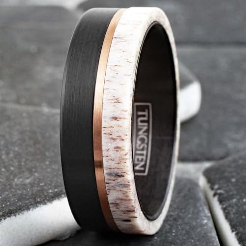 King's Cross Exquisite 8mm Brushed Finish Black Tungsten Carbide Flat Band Ring with Rose Gold Stripe and Raw Speckled White Deer Antler Inlay. (Tungsten (8mm), 11) White/Wood/Horn/Antler/Brown/Tan