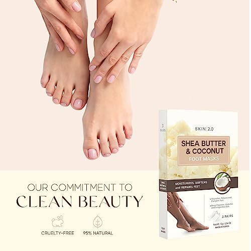 Skin 2.0 Shea Butter & Coconut Foot Masks - Softens Calluses, Treats Cracked Heels, Soothing & Hydrating - Dermatologist Tested Korean Skincare - Clean Beauty, Cruelty-Free, All Skin Types - 3 Pairs