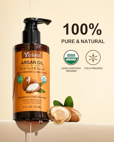 Yoken USDA Argan Oil 8oz, Cold Pressed Unrefined Moroccan Oil for Hair