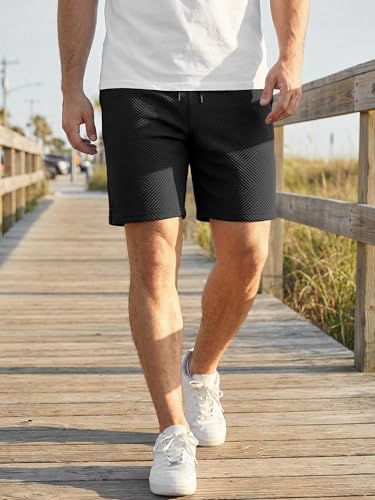 JMIERR Mens Casual Shorts Drawstring Summer Beach Stretch Waist Texture Jacquard Work Black Sweat Shorts with Pockets, L