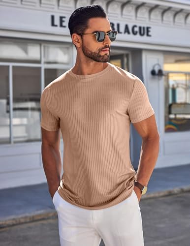 COOFANDY Men's T-Shirts Casual Stretch Solid Crewneck Short Sleeve Tees Textured Shirts Khaki