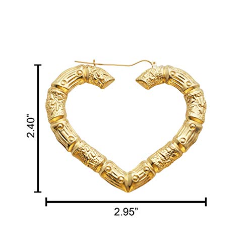 LoveBling 10k Yellow Gold Heart Shaped Bamboo Hoop Earrings (2.90" x 2.40")