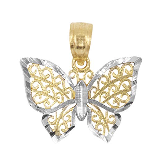 10k Solid Real Gold Two Tone Butterfly Pendant Necklace with Gold Chain, Symbol of Change and Hope Animal Charm Jewelry Gifts (Yellow-Gold, 0)