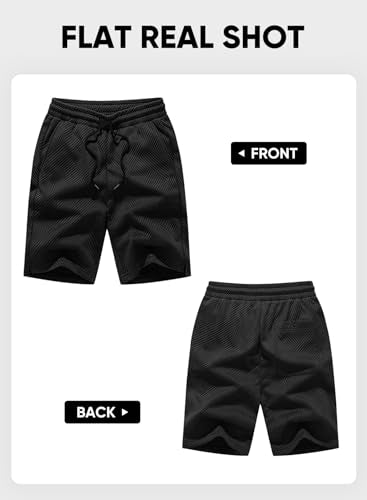 JMIERR Mens Casual Shorts Drawstring Summer Beach Stretch Waist Texture Jacquard Work Black Sweat Shorts with Pockets, L