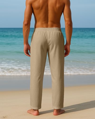 BUXKR Men's Linen Pants Beach Casual Cotton Summer Lightweight Elastic Waist Drawstring with Deep Pockets Coffee