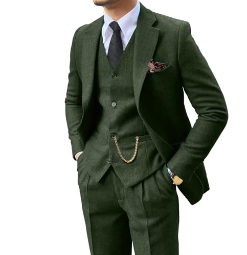 Retro 3 Piece Suit Tweed Herringbone Men's Suits Slim Fit Groom Tuxedos Set Prom Brown Grey Jacket Blazer Vest Pants Green L