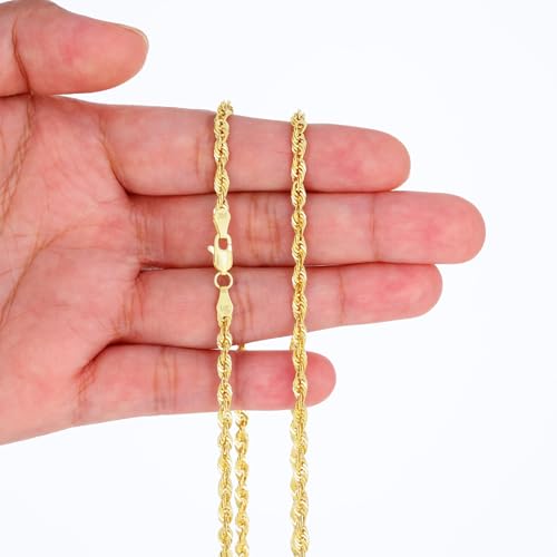 Nuragold 14k Real Yellow Gold 3.5mm Rope Chain Lightweight Necklace 16"-30" - 22"